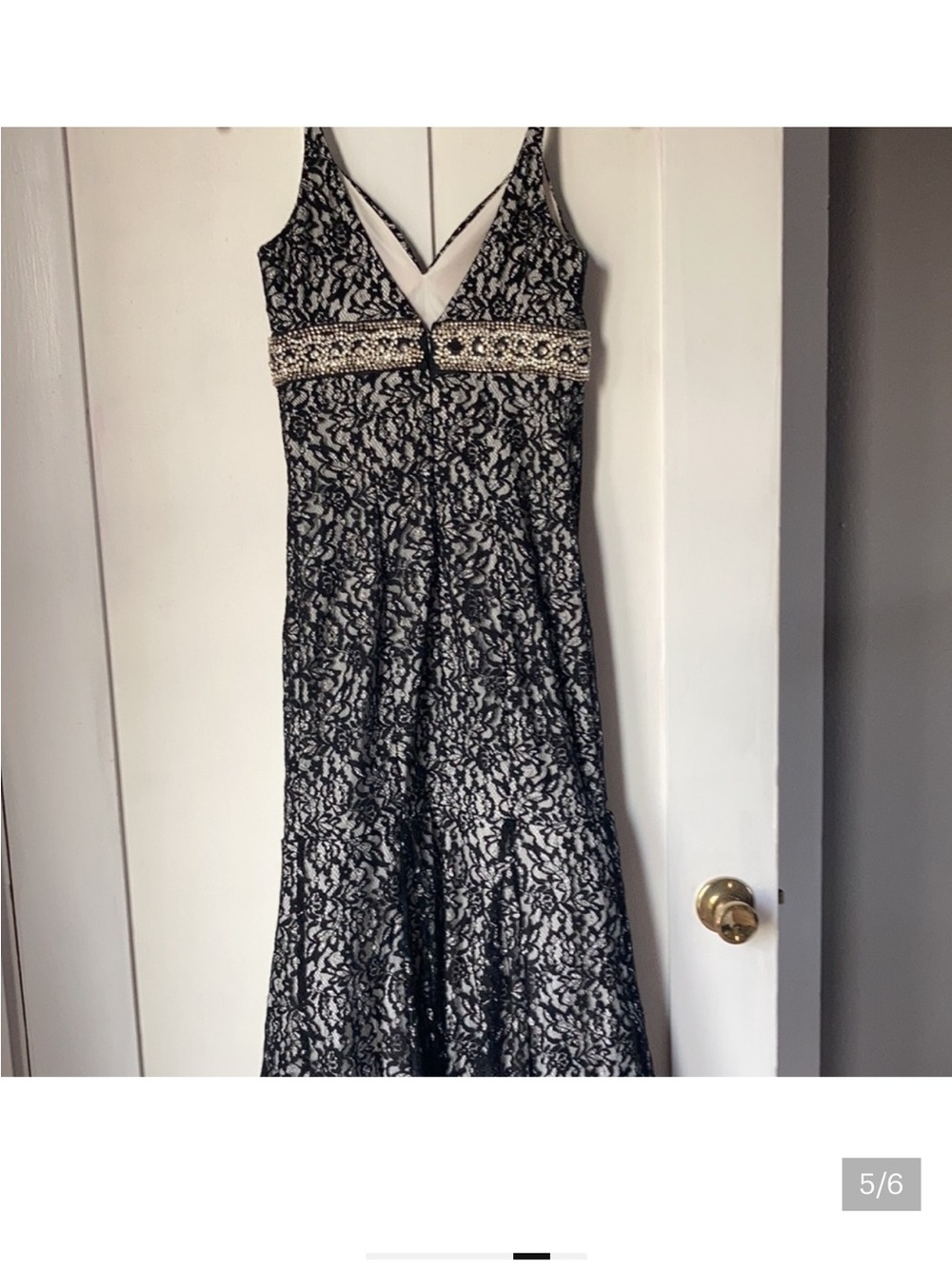 Sequin Hearts Black Lace Evening Gown with Beaded Waist